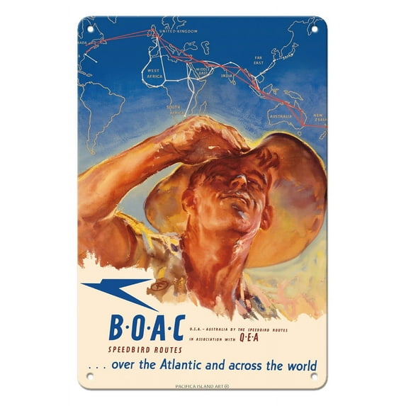 USA to Australia - by the Speedbird Routes - BOAC (British Overseas Airways Corporation) - Vintage Airline Travel Poster by Harold Foster c.1946 - 8 x 12 inch Vintage Metal Tin Sign