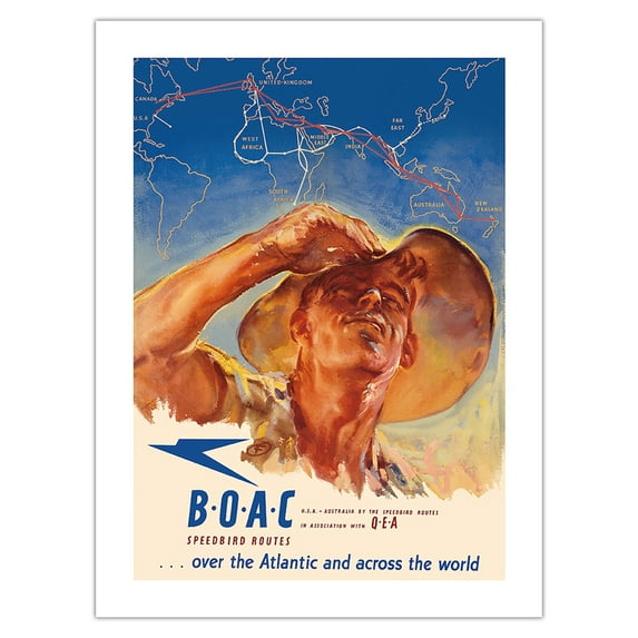 USA to Australia - by the Speedbird Routes - BOAC (British Overseas Airways Corporation) - Vintage Airline Travel Poster by Harold Foster c.1946 - Fine Art Matte Paper Print (Unframed) 24x32in