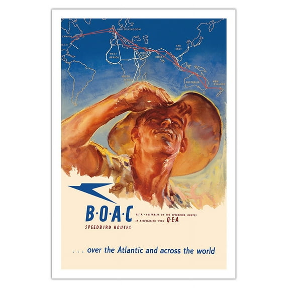 USA to Australia - by the Speedbird Routes - BOAC (British Overseas Airways Corporation) - Vintage Airline Travel Poster by Harold Foster c.1946 - Fine Art Matte Paper Print (Unframed) 30x44in