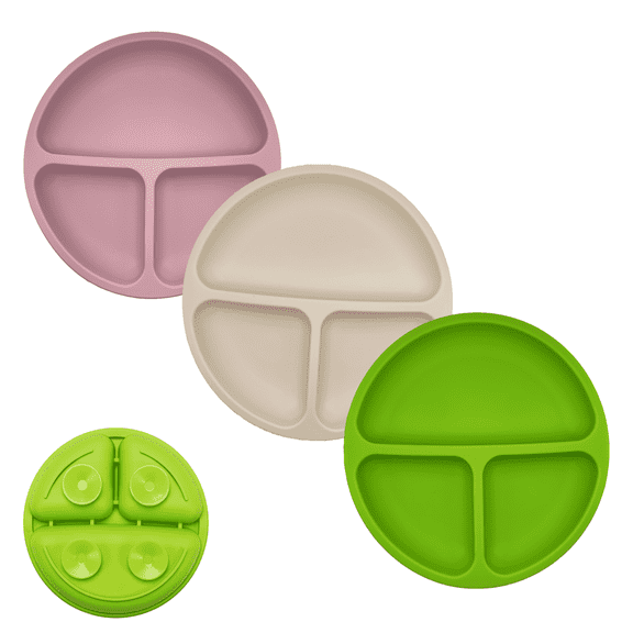 USA Baby Plates, Toddler Plates with Strong Suctions, 100% Silicone, Divided Design with Lids, Perfect for Picky Eaters, 3 Pack
