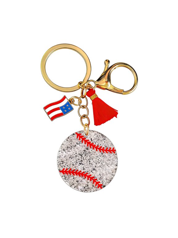USA Baseball Keychain - Gold Tone Glitter Baseball Pendant with Flag Detail, Portable Size, Sparkling Accent for Backpacks, Car Keys & Game Day Gift