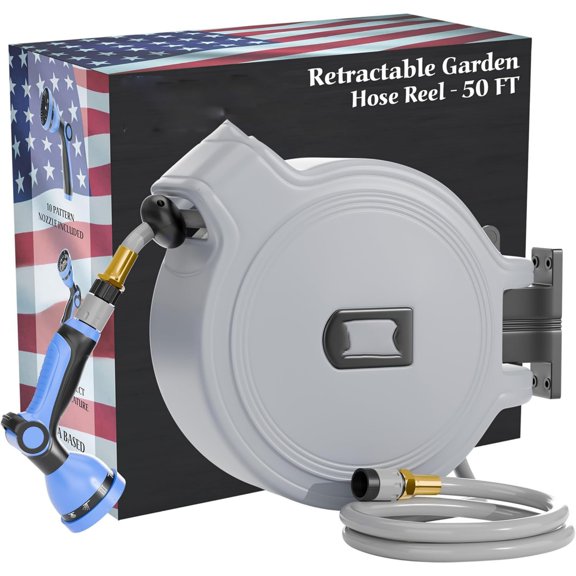USA Based Retractable Garden Hose Reel, 1/2 in x 50 ft Quick Connect 10-Pattern Sprayer, Wall Mounted Auto Self Retracting Water Hose Reels, UV Resistant Automatic Rewind 180 Mount | Gray