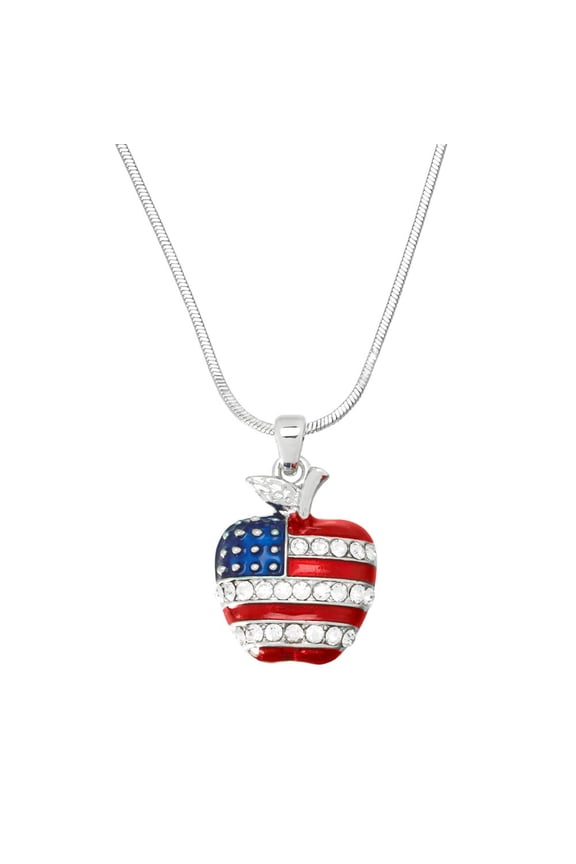 USA Big Apple Pendant Necklace Rhinestone Crystal Rhodium Plated 17 Inch Snake Chain J0329