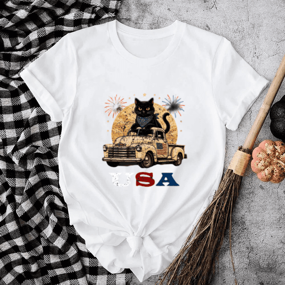 USA Black Cat Vintage Truck 4th Of July Patriotic Unisex T-Shirt, S-5XL