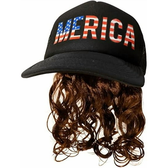 USA Black Mullet Hat Brown Wig Merica Redneck 4th of July All American Costume