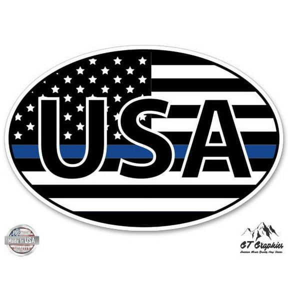 USA Blue Line Police Honor Flag Oval - 5" Vinyl Sticker - For Car Laptop I-Pad - Waterproof Decal