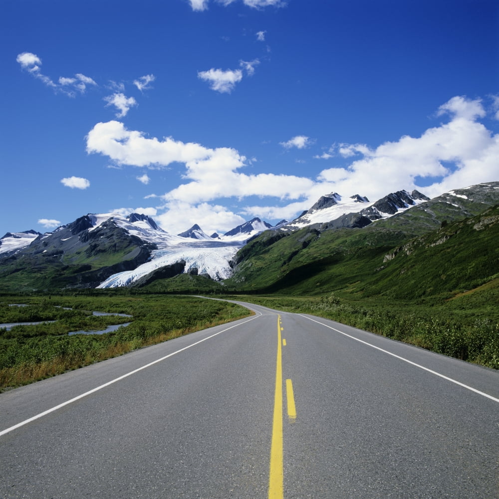 USA Blue Skies And Mountain Peaks In Distance Alaska Richardson Highway Leading To Worthington Glacier Canvas Art - Bill Bachmann Design Pics (15 x 15)