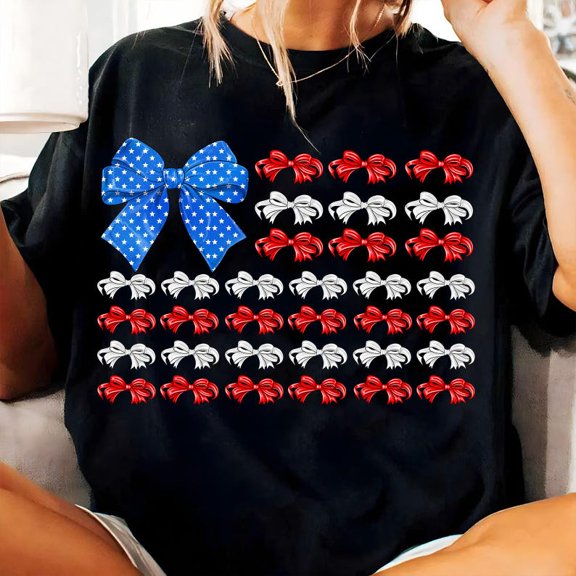 USA Bow Tee – Coquette-Style American Flag Shirt with Patriotic Ribbon for Independence Day Looks