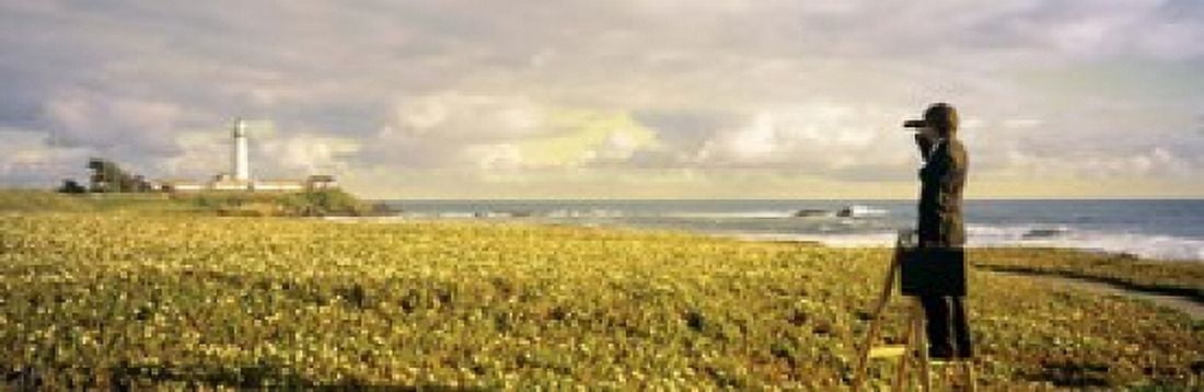 USA California Businessman standing holding binoculars and looking at the lighthouse Canvas Art - Panoramic Images (18 x 6)