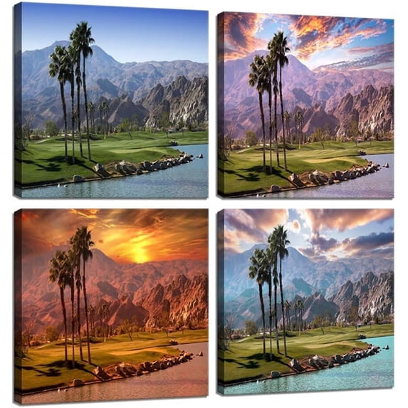 USA California Golf Wall Art Golf Course at Sunset in Palm Canvas Wall Decor for Living Room Bedroom Bathroom Home Decorations Painting Framed Artwork Ready to Hang (12''''W x 12''''H x 4)
