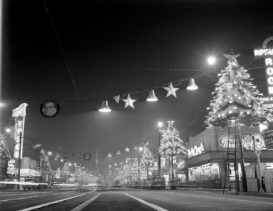 USA California Los Angeles Hollywood Hollywood Boulevard at night looking East showing Christmas lights Canvas Art - (24 x 36)