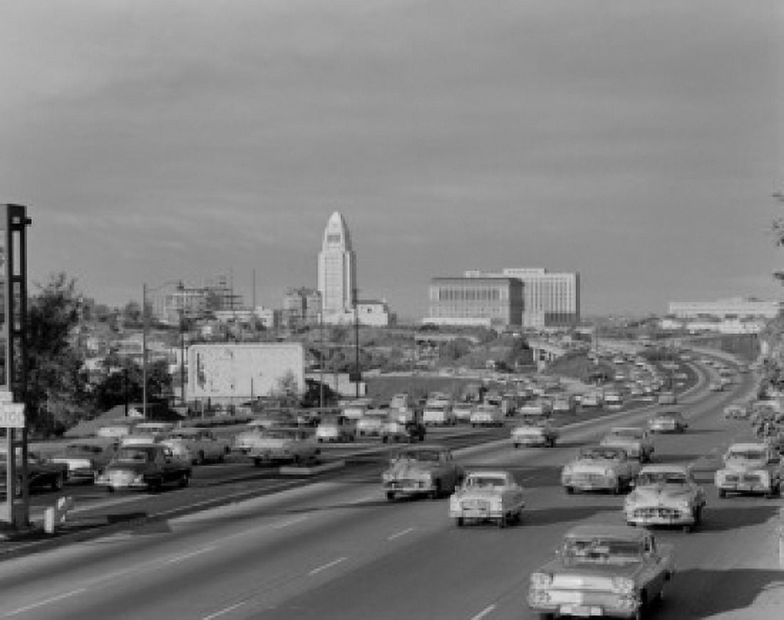 USA California Los Angeles freeway near City Hall and Civic Center building Canvas Art - (24 x 36)