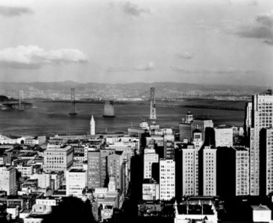 USA California San Francisco High angle view with Golden Gate Bridge and skyscrapers Canvas Art - (18 x 24)