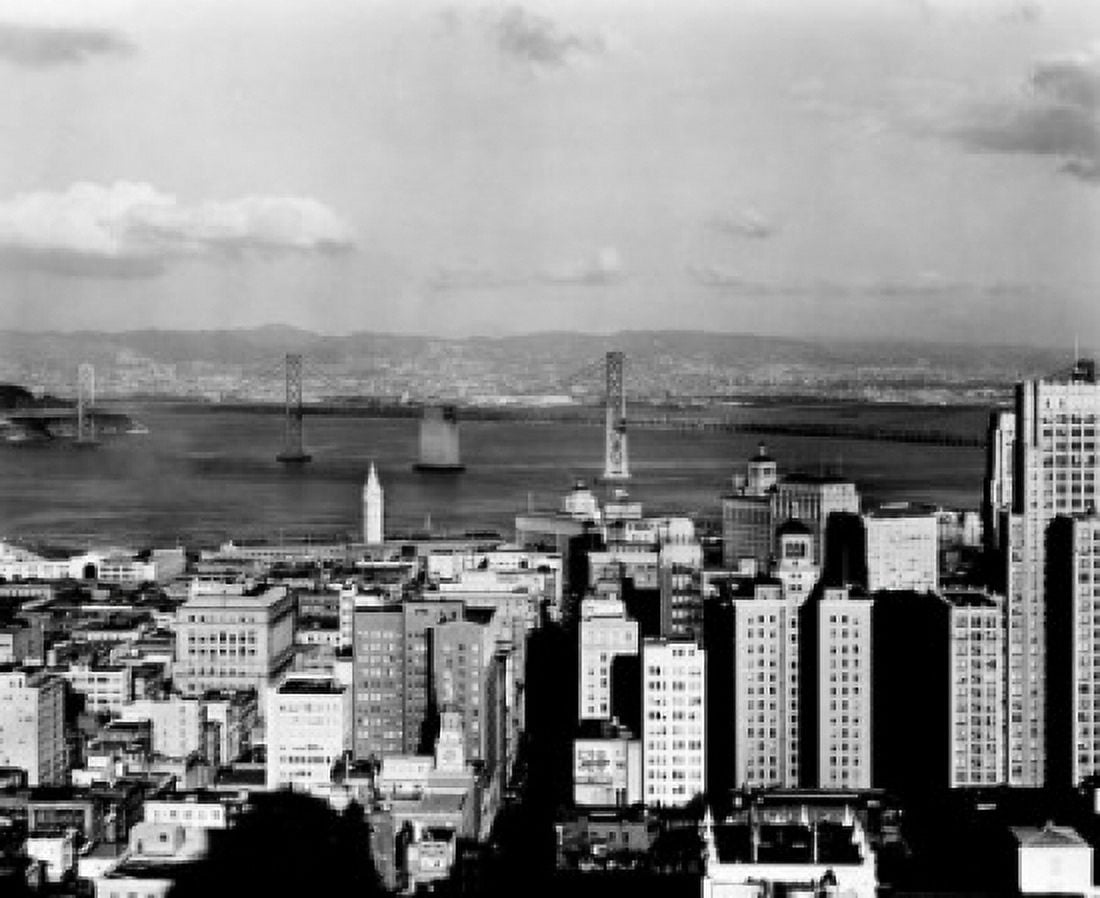 USA California San Francisco High angle view with Golden Gate Bridge and skyscrapers Canvas Art - (24 x 36)