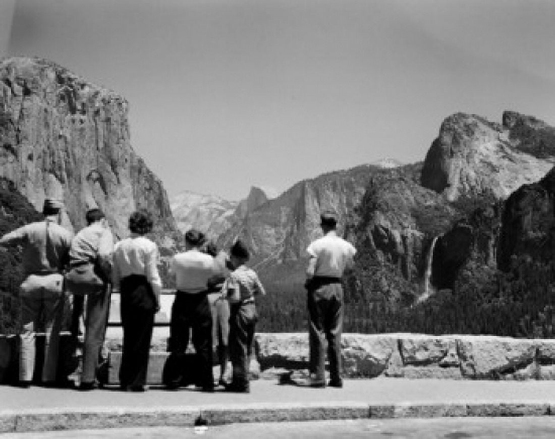USA California Yosemite National Park Tourists admiring scenery in Yosemite Valley with El Capitan is on left and Bridal Veil Falls on right Canvas Art - (24 x 36)