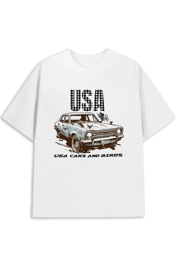 USA Cars & Birds Tee men Eagle white Summer wear Vintage-inspired, comfortable fit vintage classic Fashion Unisex Shirt Crewneck tshirts Basic Unisex Shirt Printed tshirts