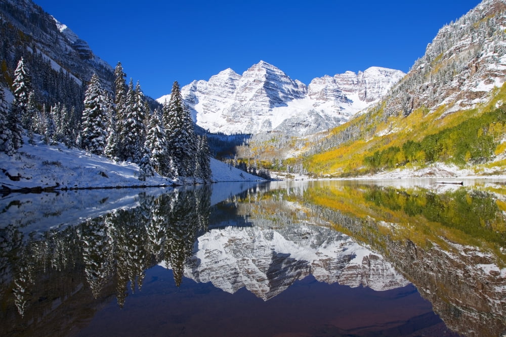 USA Colorado Early Snow Near Aspen Landscape Of Maroon Lake And Maroon Bells In Distance Canvas Art - Ron Dahlquist Design Pics (17 x 11)