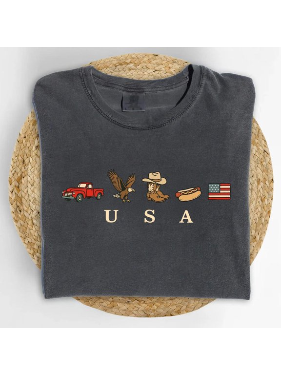 USA Country Western T-Shirt, Vintage Cowboy Americana Patriotic Tee with Pickup Truck Eagle Boots Flag, Unisex Comfort Colors Style