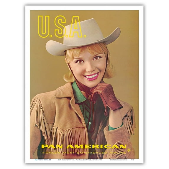 USA - Cowgirl Women of the World - Pan American World Airways - Vintage Travel Poster c.1970s - Master Art Print (Unframed) 9in x 12in
