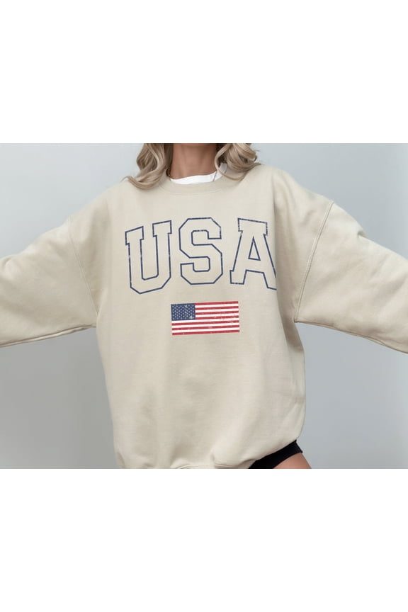 USA Crewneck T-Shirt American Pullover T-Shirt Faded Style, Athleisure Wear Independence D