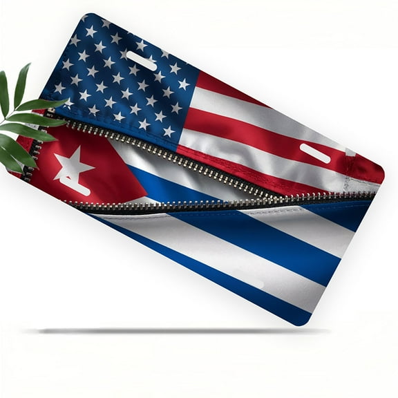 USA Cuba Flag Illusion Front License Plate, Metal License Plate, Funny Standard Plates Personalized Novelty Decorative For Men/Women/Boys/Girls Car 6×12 Inch