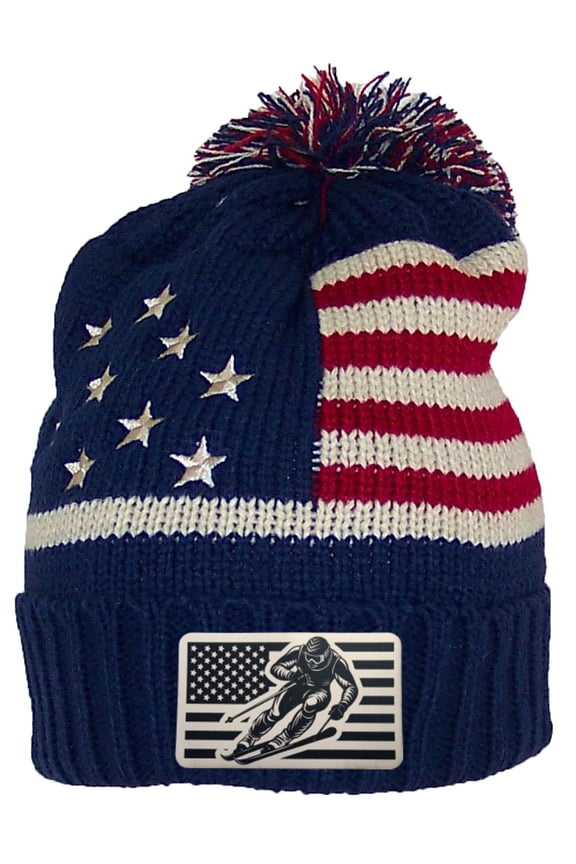 USA Cuffed Beanie W/Laser Engraved US Flag & Skier Leatherette Patch - Navy/Beige - Beige Patch