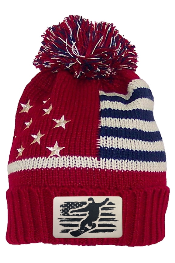 USA Cuffed Beanie W/Laser Engraved US Flag & Snowboarder Leatherette Patch - Red/Beige - Beige Patch