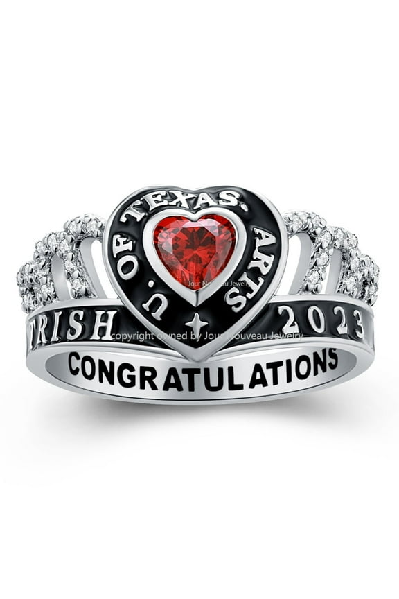 USA - Customized Class Ring by Jour Nouveau Jewelry, Sterling Silver class rings for high school or college, graduation gifts, heart crown-Platinum Plated Sterling Silver