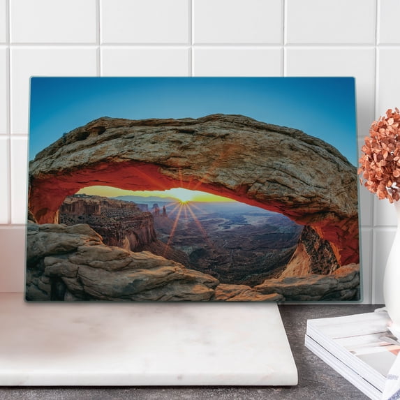 USA Cutting Board, Famous Sunrise at Mesa Arch in Canyonlands National Park, Utah, USA, Decorative Tempered Glass Cutting and Serving Board, Large Size, Pale Brown Sky Blue, by Ambesonne