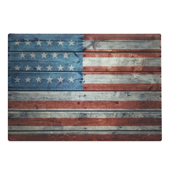 USA Cutting Board, July Independence Day Weathered Antique Wooden Looking National Celebration Image, Decorative Tempered Glass Cutting and Serving Board, Large Size, Blue Red White, by Ambesonne