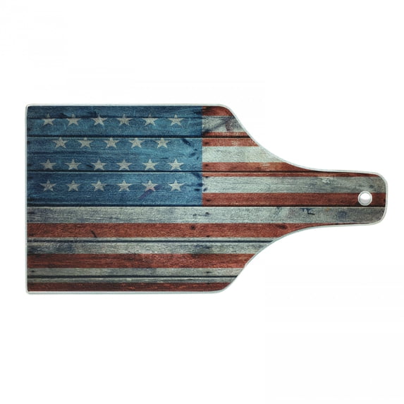 USA Cutting Board, July Independence Day Weathered Antique Wooden Looking National Celebration Image, Tempered Glass Cutting and Serving Board, Wine Bottle Shape, Blue Red White, by Ambesonne