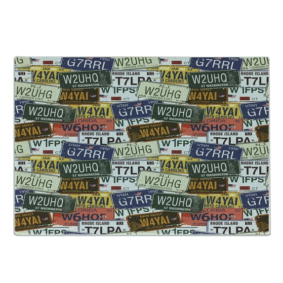 USA Cutting Board, Retro American Auto License Plates Utah America Rhode Island North Carolina Print, Decorative Tempered Glass Cutting and Serving Board, Small Size, Multicolor, by Ambesonne