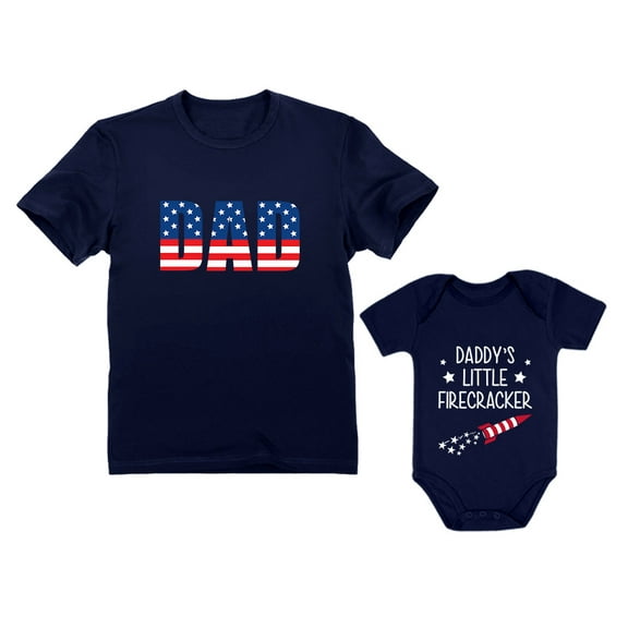 USA Dad & Baby's 'Daddy's Little Firecracker' 4th of July Outfit - Patriotic Matching Set - Comfortable - Perfect for Independence Day & National Holidays - Dad Navy Small / Baby Navy 24M (18-24M)