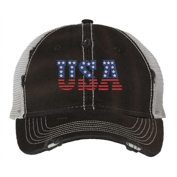 USA Distressed Trucker Hat - Embroidered Flag Colors - Vintage Patriotic Strapback Cap (Black)