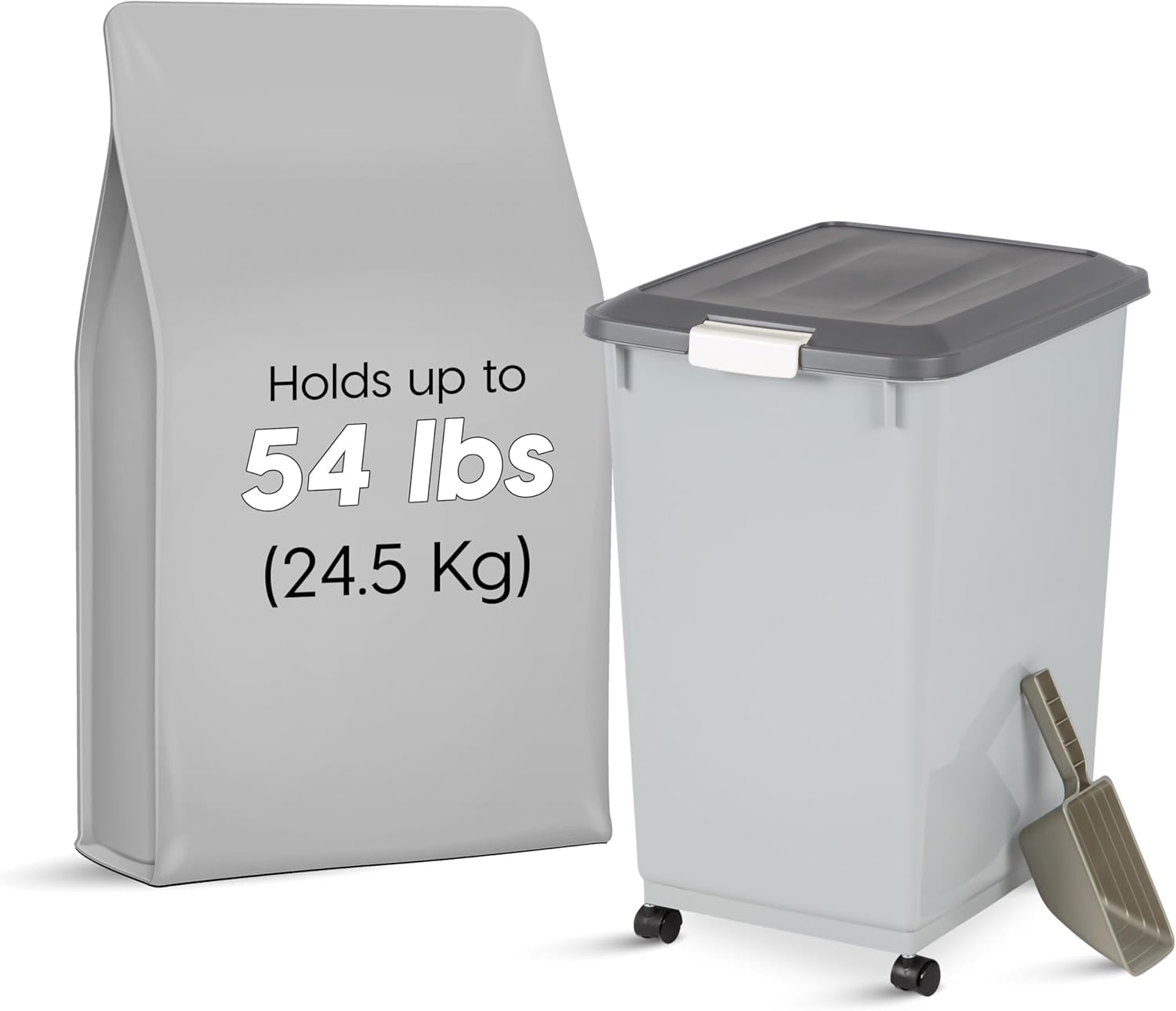 Gray and Dark Gray Airtight Plastic Pet Food Storage Bin with Wheels