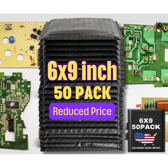 6" x 10" Black Poly Padded Shipping Envelopes, 50-pack Tear-Resistant, Waterproof, Self-Seal Sourced in California - USA Durable Bubble Mailers