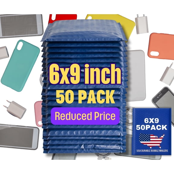 USA Durable Bubble Mailers 6 x 10" Royal Blue Poly Padded Shipping Envelopes, 6 x 9" Usable Space, 50-Pack Sourced in California