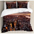 thumbnail image 1 of USA Duvet Cover Set, Aerial View of the Manhattan Skyline at Sunset Famous Financial District NYC, Decorative 3 Piece Bedding Set with 2 Pillow Shams, Calking Size, Blue Orange White, by Ambesonne, 1 of 3