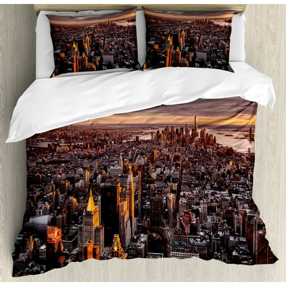 USA Duvet Cover Set, Aerial View of the Manhattan Skyline at Sunset Famous Financial District NYC, Decorative 3 Piece Bedding Set with 2 Pillow Shams, Queen Size, Blue Orange White, by Ambesonne