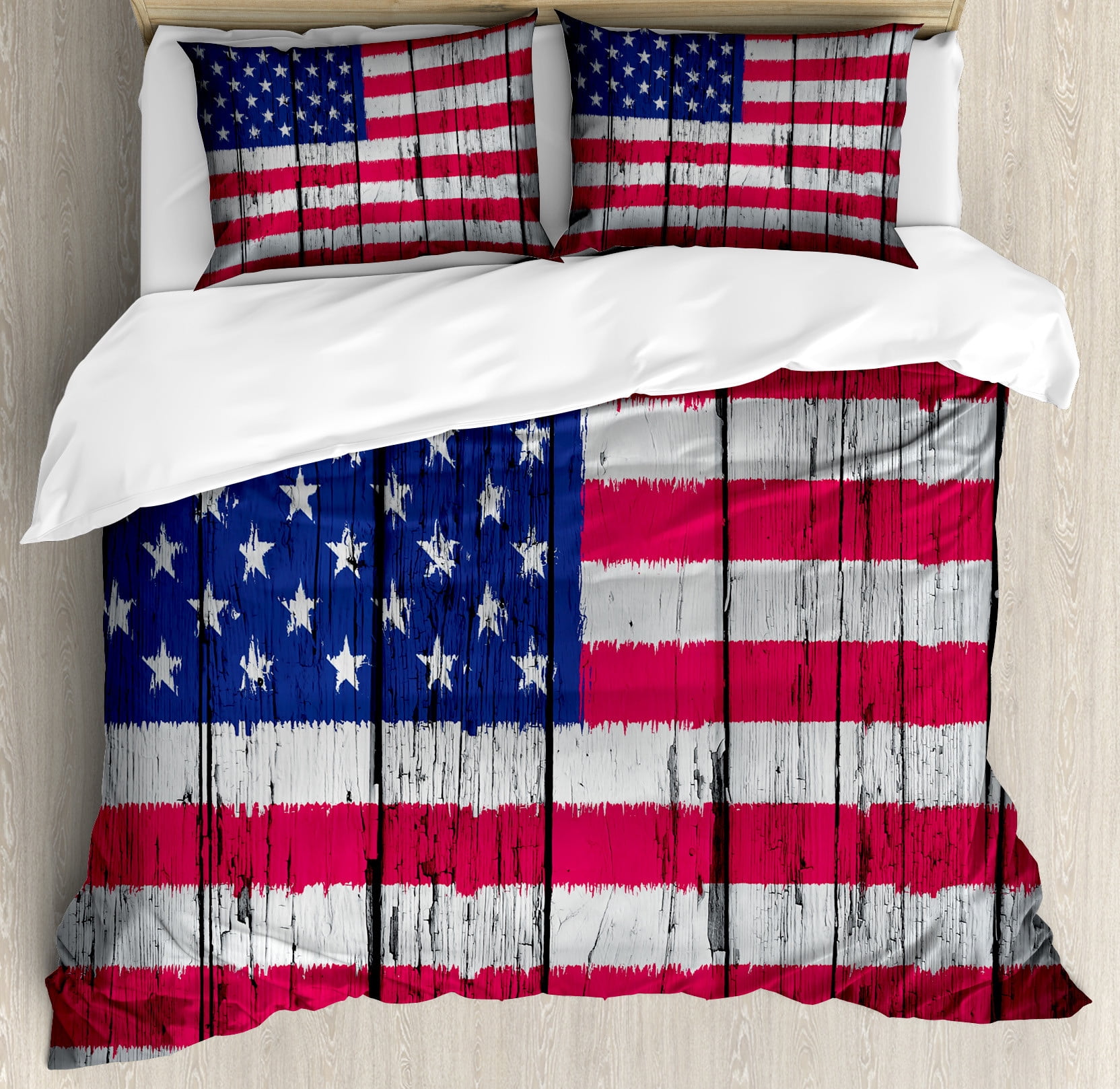 King Size Dark Coral Blue White American Flag Duvet Cover Set