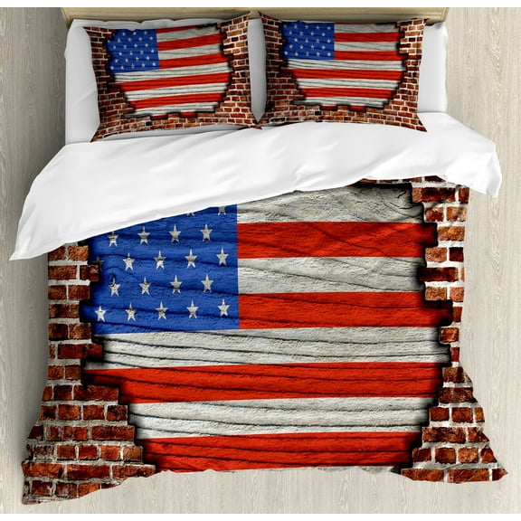 USA Duvet Cover Set, Fourth of July Independence Day Vintage Brick Wall Rustic Architecture Backdrop, Decorative 3 Piece Bedding Set with 2 Pillow Shams, King Size, Blue Red Brown, by Ambesonne