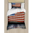 thumbnail image 1 of USA Duvet Cover Set, Fourth of July Independence Day Wooden Rustic Floor Log View Wall Rippled Image, Decorative 2 Piece Bedding Set with 1 Pillow Shams, Twin Size, Blue Red Umber, by Ambesonne, 1 of 3