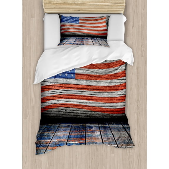 USA Duvet Cover Set, Fourth of July Independence Day Wooden Rustic Floor Log View Wall Rippled Image, Decorative 2 Piece Bedding Set with 1 Pillow Shams, Twin Size, Blue Red Umber, by Ambesonne