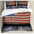 thumbnail image 1 of USA Duvet Cover Set, Fourth of July Independence Day Wooden Rustic Floor Log View Wall Rippled Image, Decorative 3 Piece Bedding Set with 2 Pillow Shams, King Size, Blue Red Umber, by Ambesonne, 1 of 3