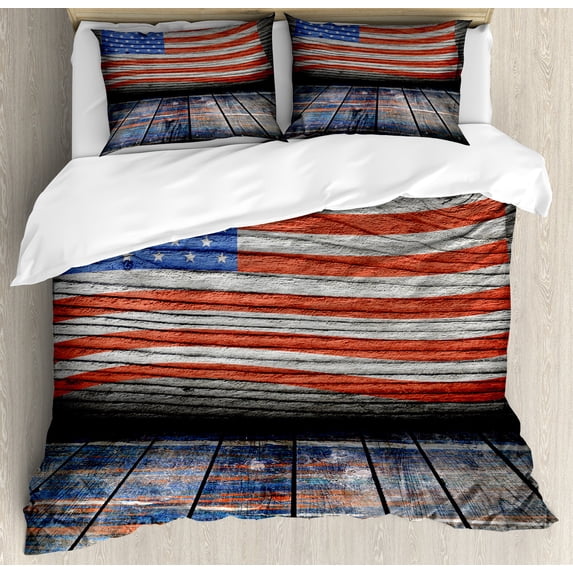 USA Duvet Cover Set, Fourth of July Independence Day Wooden Rustic Floor Log View Wall Rippled Image, Decorative 3 Piece Bedding Set with 2 Pillow Shams, Queen Size, Blue Red Umber, by Ambesonne