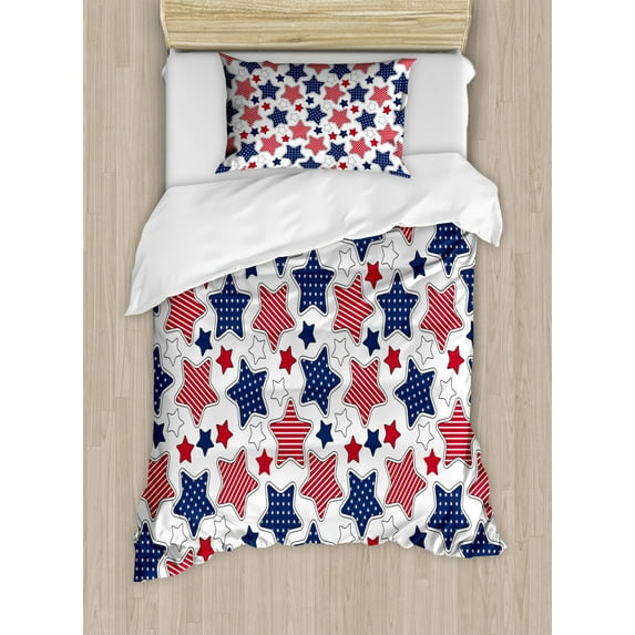 USA Duvet Cover Set Twin Size, Big Star Figures with American Flag Featured Inner Lines Proud Country Design, Decorative 2 Piece Bedding Set with 1 Pillow Sham, Indigo Red White, by Ambesonne