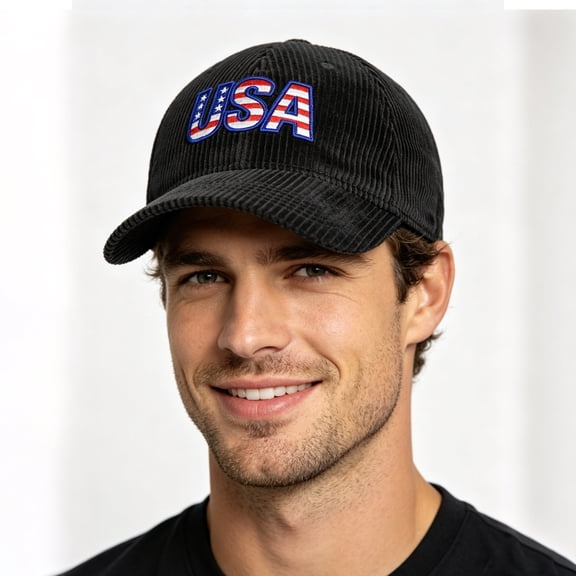 USA Embroidered Corduroy Baseball Cap for Men & Women – Vintage Adjustable Dad Hat, American Flag Casual Outdoor Trucker Style Cap
