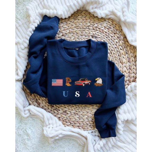 USA Embroidered Icons Sweatshirt: Patriotic Eagle, Cowboy, Flag