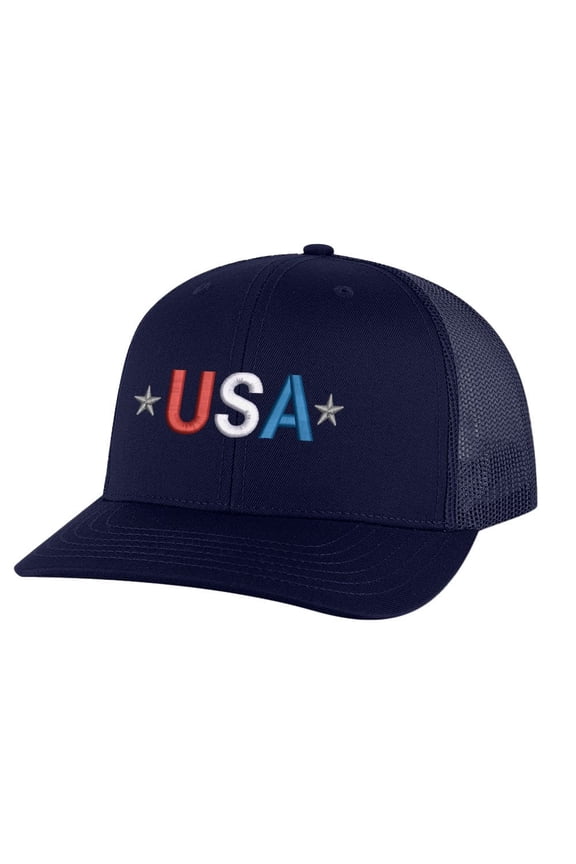 USA Trucker Hat - Embroidered Red White Blue Design - Patriotic USA Trucker Cap Snapback (NavyBlue)