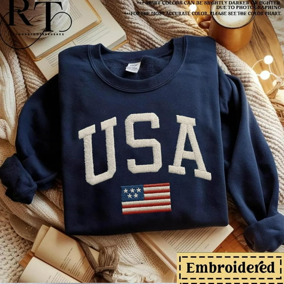 USA Embroidered Sweatshirt, American Flag T-shirt, Patriotic 4th of July Pullover, Vintage USA Shirt, Independence Day Gift